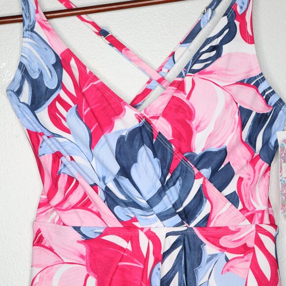 Stella Parker One Piece Skirted Swimsuit Floral Wrap Pink Blue Modest Pool Beach - Picture 4 of 13